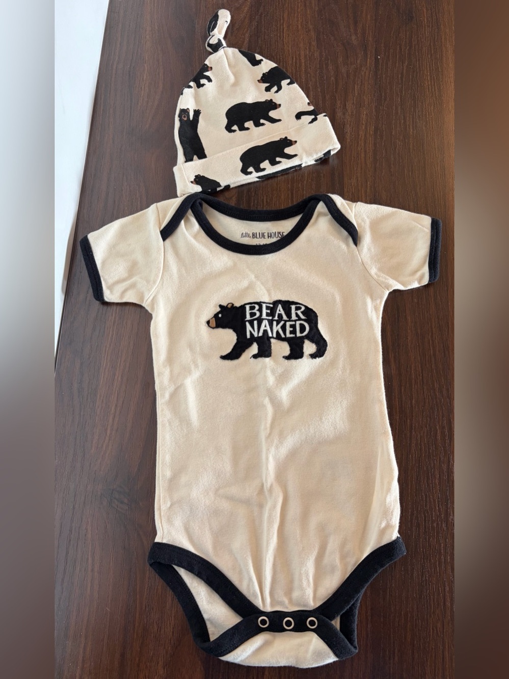 Cream & Black 'Bear Naked' One-Piece with Matching Hat